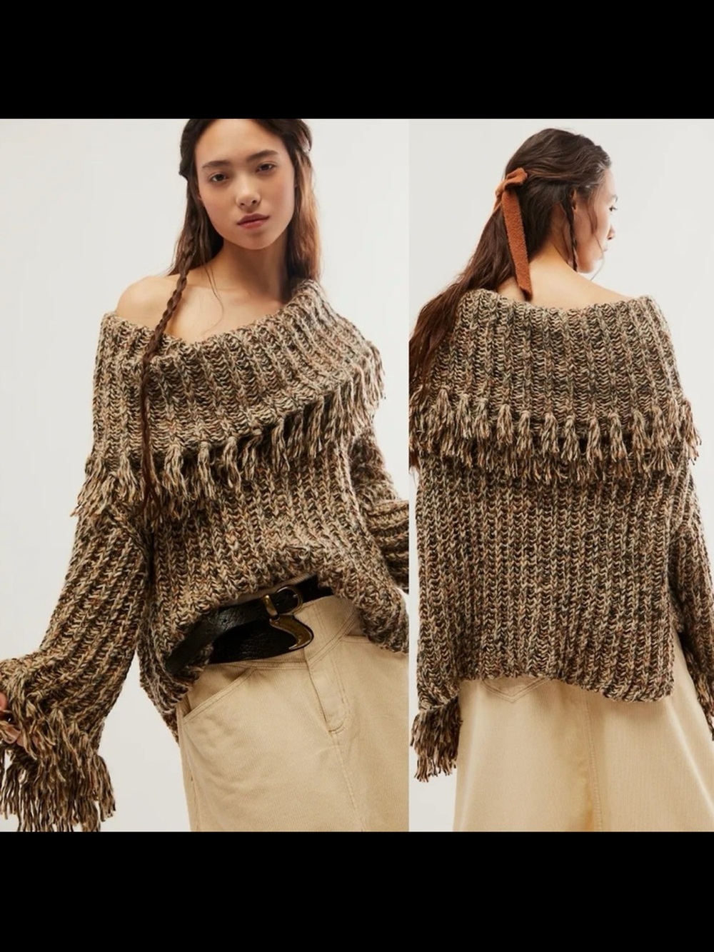 NWOT Free People One Kinsley Oversized Cowl Neck Sweater- Mushroom Combo